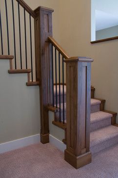 Craftsman Staircase Design Ideas, Pictures, Remodel and Decor Rustic Wood Railings For Stairs, Craftsman Style Newel Post, Craftsman Stair Railing Ideas, Craftsman Style Stair Railing, Craftsman Banisters And Railings, Shaker Style Staircase, Stair Newel Post Ideas, Craftsman Style Staircase, Staircase Update