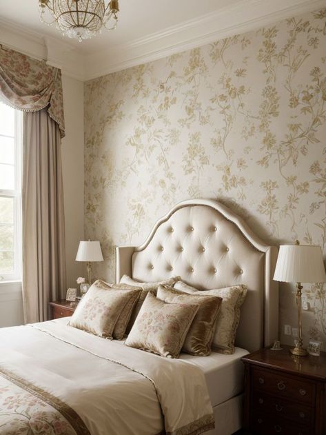 Create an art nouveau inspired bedroom by incorporating floral wallpaper and bedding with intricate patterns. Complete the look with vintage-inspired furniture pieces like a curved, ornate mirror and a velvet upholstered headboard. Art Nouveau Bedroom, Inspired Bedroom, Ornate Mirror, Furniture Pieces, Upholstered Headboard, Floral Wallpaper, Bedroom Inspirations, Bedroom Ideas, Art Nouveau