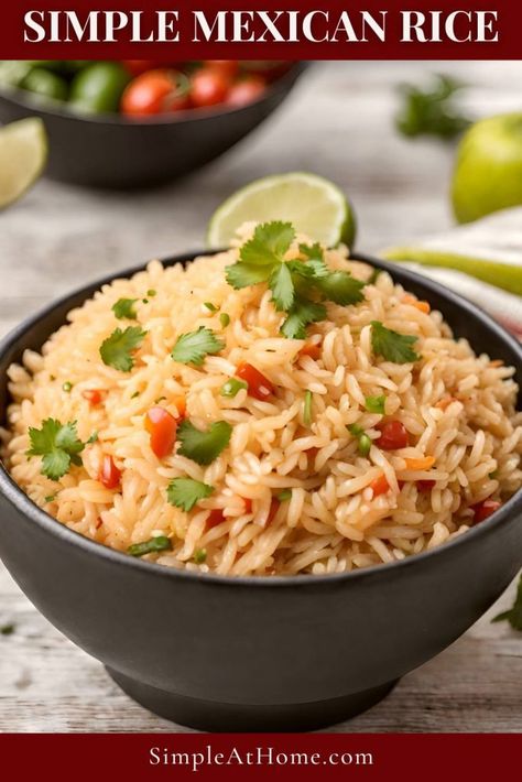 Simple Mexican Rice Recipe — Simple At Home Simple Mexican Rice, Fiesta Rice Recipe, Mexican Rice Recipe, Taquitos Recipe, Mexican Rice Recipes, Mexican Table, Chicken Taquitos, Recipe Simple, Mexican Rice