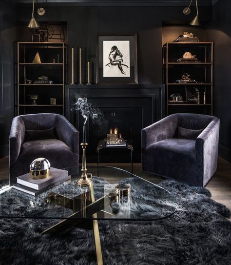 Gothic living room decor #art deco style #artdeco #swivel #blackdecor #livingroomideas Girly Interior, Bedroom Girly, Dark Living Room Ideas, Gothic Living Room, Masculine Living Rooms, Moody Living Room, Dark Living Rooms, Contemporary Living Room Design, Dark Modern