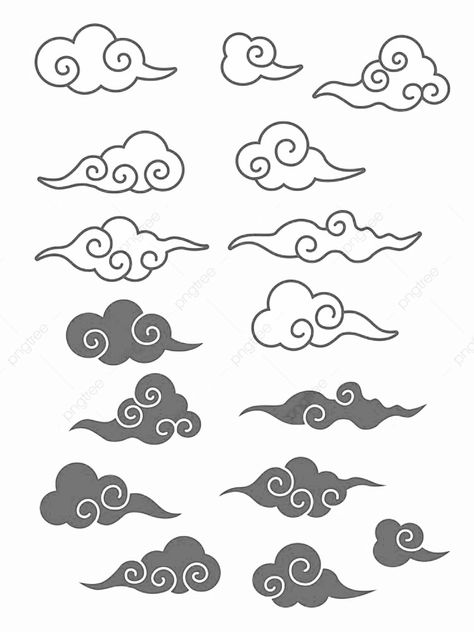 Chinese Clouds Drawing, Nimbus Cloud Tattoo, Chinese Cloud Tattoo, Cloud Line Drawing, Moon Japanese Art, Nimbus Tattoo, Nirmana Batik, Swirly Clouds, Asian Art Projects