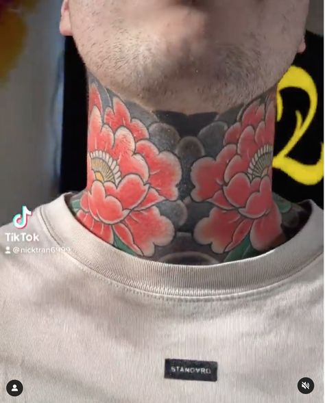 Japanese Tattoo On Neck, Japanese Neck Tattoo Design, Japanese Tattoo Art Neck, Small Japanese Neck Tattoo, Neck Japanese Tattoo, Japanese Traditional Neck Tattoo, Trad Neck Tattoo, Neck Tattoo Color, Neck Tattoo Japanese