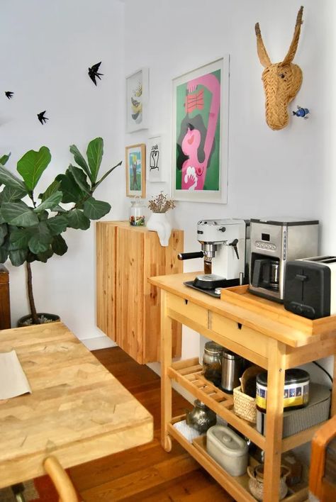 13 Smart, Small-Space Coffee Bar Ideas That Don’t Sacrifice Style | Apartment Therapy Small Breakfast Bar, Apartment Dining Area, Coffee Bar Cart, Living Arrangements, Lisbon Apartment, Coffee Bar Station, Coffee Bar Ideas, Coffee Stations, Coffee Cart