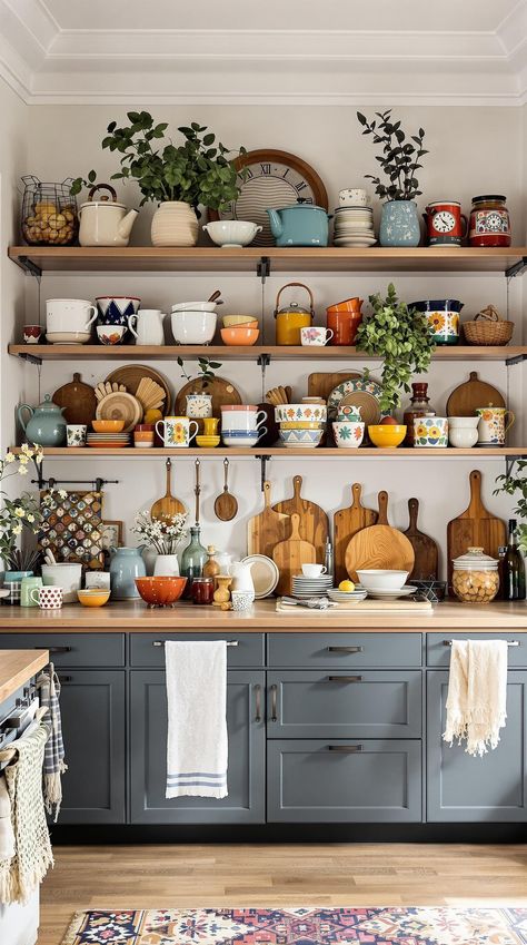 Scandi Boho Kitchen Scandi Boho Kitchen, Hygge Kitchen, Cozy Kitchen Nook, Herbal Kitchen, Boho Kitchen Ideas, Retro Appliances, Colorful Pottery, Comfortable Kitchen, Practical Kitchen