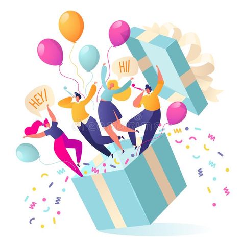 Joyful, flat characters people jump out of the gift box. Friends made a surprise #Sponsored , #Sponsored, #PAID, #characters, #Joyful, #Friends, #people Giant Check, Large Gift Boxes, Bike Poster, Surprise Box, Confetti, Gift Shop, Gift Box, Vector Illustration, Best Gifts