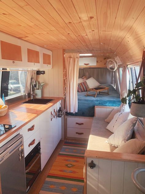 Coaster Bus Interior, Camper Van Interior Ideas Color Schemes, Van Life Interior Boho, Motorhome Interior, Camper Interior Design, Bus Living, Caravan Renovation, Kombi Home, Van Conversion Interior