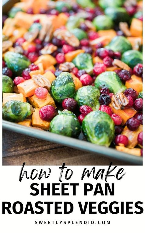 For an easy holiday side, try this honey roasted vegetable recipe. Perfect for Thanksgiving or Christmas, these mixed veggies are cooked in the oven on a sheet pan. With Brussels sprouts, cranberries, and a sweet glaze, it's a crowd-pleaser that belongs on your Thanksgiving side dishes dairy-free list. Roasted Sheet Pan Veggies, Roasted Veggies Sheet Pan, Thanksgiving Roasted Vegetables, Vegetables For Christmas Dinner, Sheet Pan Roasted Vegetables, Oven Roasted Veggies, Thanksgiving Veggies, Roasted Veggies Recipe, Glazed Vegetables