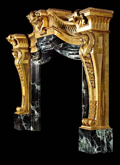 castle fireplaces | Palazzo fireplace mantel in carved gilded wood and marble,see Castle ... Gold Fireplace, Lunatic Fringe, Mantel Piece, Fireplace Mantles, Gothic Furniture, Carved Furniture, Antique Fireplace, Fire Places, Wood And Marble