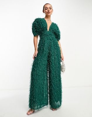 ASOS DESIGN fluffy plunge jumpsuit in green metallic - Best Deals You Need To See Fun Formal Outfits, English Wedding Guest Attire, Plus Size Cocktail Attire, Plus Size Formal Jumpsuit, Pants Wedding Guest Outfit, Evening Jumpsuit, Colorful Jumpsuit, Wedding Attire Guest, Holiday Looks