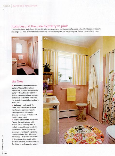 Gently-updated pink bathroom. Pink Tiled Bathroom, Pink Tile Bathroom, Retro Pink Bathroom, Pink Bathrooms, Bathroom Retro, Pink Tile, Tiled Bathroom, Retro Bathroom, Yellow Bathroom