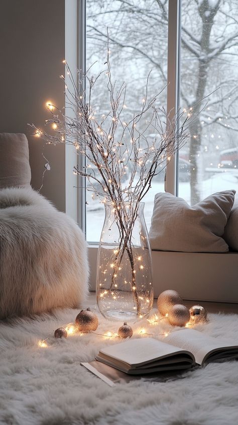 Cozy living room with a white fur rug, twinkling lights in a vase, warm-lit ornaments, and snow visible through a large Clear Glass Vases Decor Ideas, Winter Wonderland Living Room, Silver And White Christmas Decor, White Winter Aesthetic, Wonderland Living Room, Warm Winter Aesthetic, Winter Wonderland Home Decor, White Fur Rug, White Christmas Decor Ideas