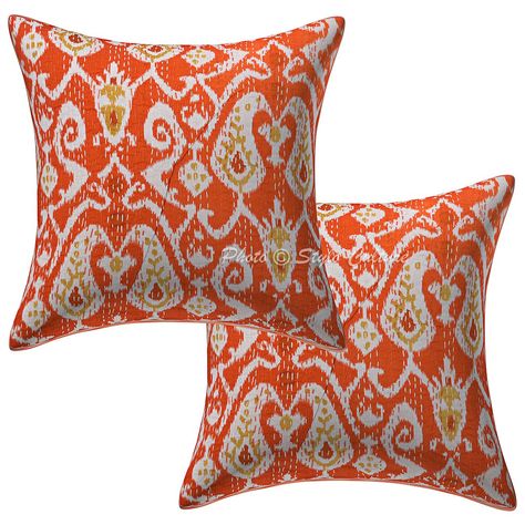 Orange Cushion Covers, Orange Cushion, Indian Pillows, Kantha Cushions, Orange Cushions, Orange Material, Garden Pillows, Embroidered Cushions, Ikat Print