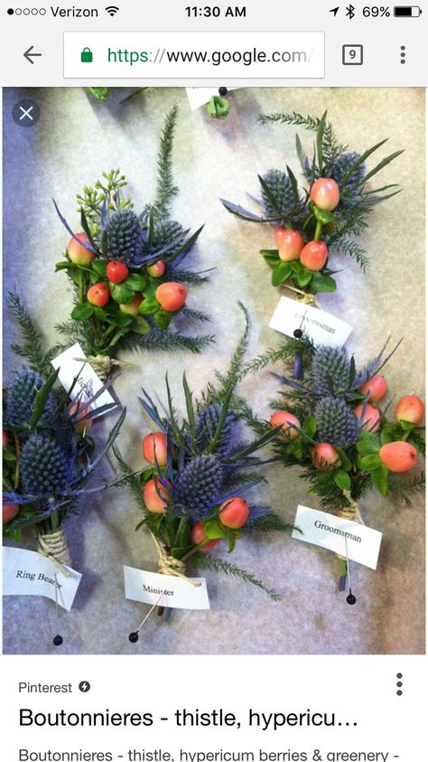 Button Holes Wedding, Hypericum Berries, Groomsmen Boutonniere, Sea Holly, Prom Flowers, Eco Friendly Wedding, Flower Corsage, Scottish Wedding, Corsage Wedding