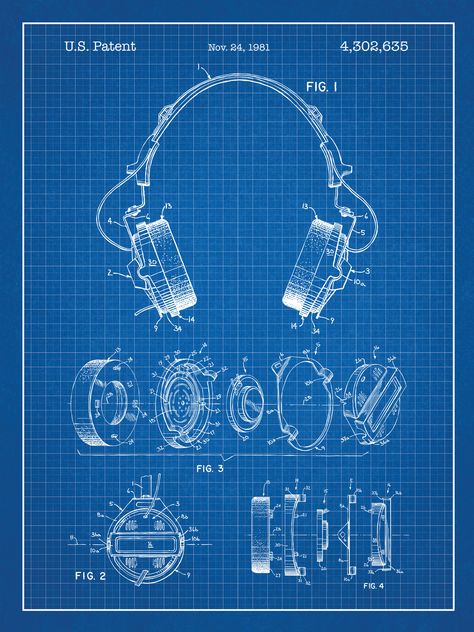 Koss Headphones, Graphic Art Poster, Blueprint Drawing, Blue Grid, Patent Art Prints, Blueprint Art, Industrial Design Sketch, Graphic Poster Art, Blue Poster