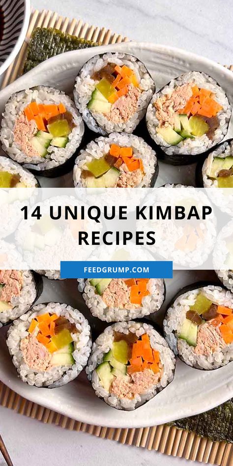 plated of sliced kimbap Kimbap Fillings, Kimbap Recipe Tuna, Bibimbap Roll, Tuna Gimbap Korean, Kimbap Filling Ideas, Easy Gimbap Recipe, Unique Sushi Ideas, Korean Gimbap Recipes, Crab Kimbap