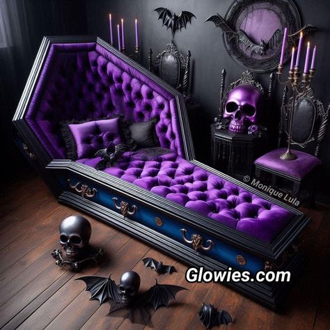 Goth Bedroom Furniture, Coffin Bed Vampire, Coffin Bed Frame, Vampire Furniture, Goth Gaming Setup, Purple Gothic Bedroom, Coffin Vanity, Gothic Homemaking, Gothic Room Ideas