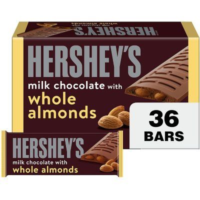 HERSHEY'S Milk Chocolate with Whole Almonds Candy Bars (1.45 oz., 36 ct.) - Sam's Club Chocolate Candy Bars, Almond Bars, Tiny Room, Milk Chocolate Candy, Chocolate Peanut Butter Cups, Gourmet Gift Baskets, Candy Brands, Chocolate Candy Bar, Peppermint Mocha