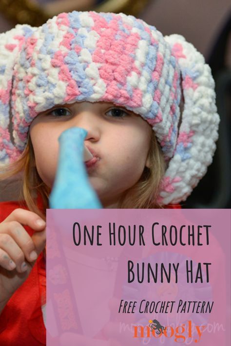 One Hour Crochet, Bernat Chunky Yarn, Bunny Hat Crochet, Crochet Bunny Hat, Crochet Toddler Hat, Crochet Pumpkin Hat, Bulky Yarn Crochet, Crochet Beanie Pattern Free, Bernat Baby Blanket Yarn