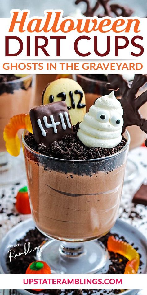 These easy-to-make Halloween Dirt Cups are the perfect spooky dessert! Delicious chocolate pudding is topped with cookie crumb dirt, gummy worms, Cool Whip ghosts, cookie tombstones, and other spooky decorations. Kids love this classic Ghost in the Graveyard dessert. And what is not to love? It has lots of chocolate flavor along with cookies and candy! Plus, it is simple to make, and kids can easily help decorate the graveyard scene. | @upstramblings #easyhalloweentreats #halloweenpartytreats Graveyard Dessert, Halloween Dirt Cups, Ghosts In The Graveyard, Halloween Dirt, Dirt Cups Recipe, Chocolate Dirt, Spooky Sweets, Fun Halloween Desserts, Chocolate Covered Graham Crackers