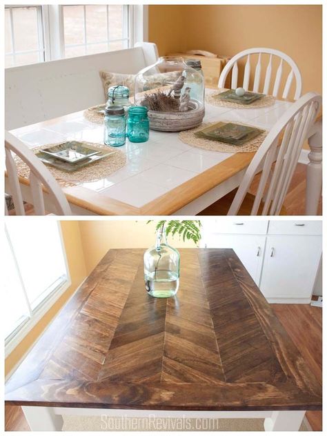 Tile Top Makeover | DIY Wood Herringbone Table #tablemakeover #furnituremakeover #diy SouthernRevivals.com Table Staging Ideas Dining, Tile Kitchen Table Makeover, Redo Tile Table Top, Redo Table Top Diy Ideas, Tile Table Makeover, Diy Tile Table Top, Tiled Kitchen Table, Tiling A Table Top Diy, Table Top Makeover