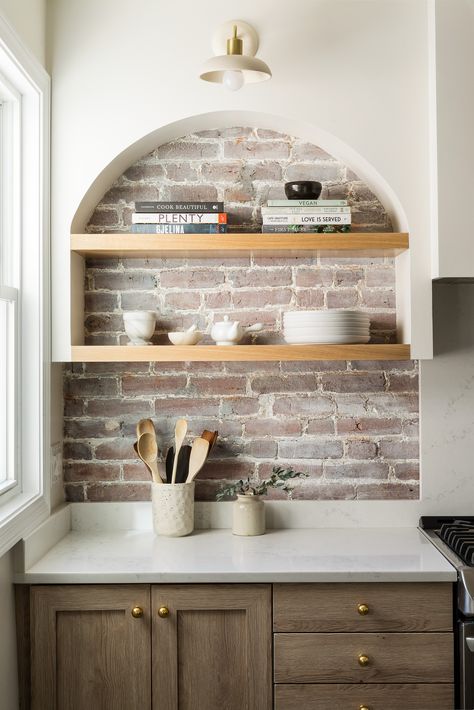 Shannon Tate, Small Corner Cabinet, Countertop Height, Build Dream Home, Kitchen Shelf Decor, Brick Kitchen, Comfortable Kitchen, New Countertops, Brick Backsplash