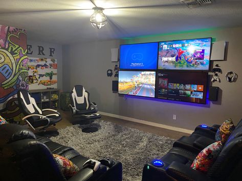 Game room Gaming Area In Basement, Two Tv Gaming Setup, Bonus Room Tv Ideas, Wall Mounted Tv Game Room, Three Tvs In Living Room, Tv Game Room Ideas Small Spaces, Man Cave Multiple Tv Set Up, Basement Video Game Room Ideas, Double Tv Setup Game Room