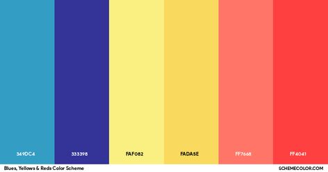 Blues, Yellows & Reds Color Scheme » Blue » SchemeColor.com Red Yellow Blue Color Palette, Childcare Branding, Color Scheme Blue, Naples Yellow, Red Names, Hexadecimal Color, Color Palette Yellow, Red Color Schemes, Blue Pigment