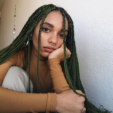 Nataly Neri| olive green braids Braids Green, Colored Braids, Cute Braided Hairstyles, Happy Hair, Hair Crush, Natural Hair Journey, One Hair, Hair Waves, Green Hair