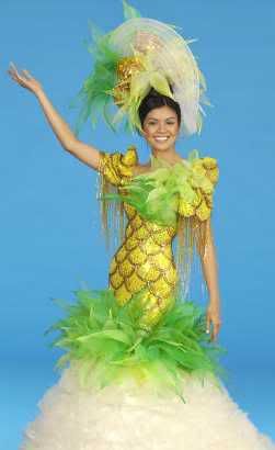 pineapple dress Miss Universe 2003, Vietnam Costume, Pineapple Costume, Mushroom Costume, Miss Philippines, Filipiniana Dress, Nature Inspired Fashion, Food Costumes, Pineapple Dress