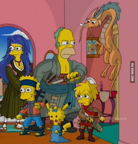 Anime version of the Simpsons (Treehouse of Horror XXV) Simpsons Treehouse Of Horror, Die Simpsons, Simpsons Funny, Pokemon Crossover, Simpsons Drawings, Simpsons Characters, Pink Donut, Simpsons Art, Anime Version