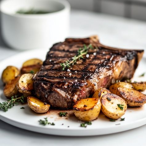 The T-Bone steak is a favorite cut of beef known for its distinctive "T" shaped bone that separates the tenderloin from the strip steak. Its popularity skyrocketed in the U.S., especially during the barbecue boom in the mid-20th century, when grilling became a national pastime.   #SteakPerfection #GrillMasters #BBQTime #TboneSteak #MeatLovers #GrillAndChill #RoastedPotatoes #ComfortFood #SummerBBQ Steak Tenderloin Recipes, Gourmet Potatoes, Steak Tenderloin, Boston Market, Tenderloin Steak, Country Fried, Steak Plates, T Bone Steak, Pizza Burgers