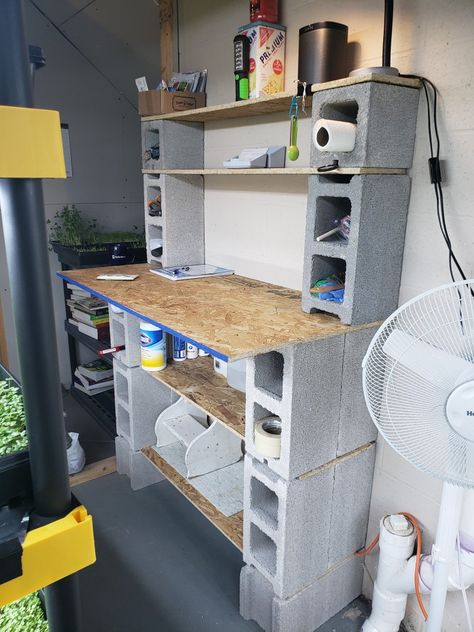 Cement Block Shelves, Cinder Block Work Bench, Concrete Block Furniture, Cinder Block Desk, Cinder Block Potting Bench, Cinder Block Shelf, Cinder Block Diy, Cinder Block Shelves, Pergola Patio Ideas Diy