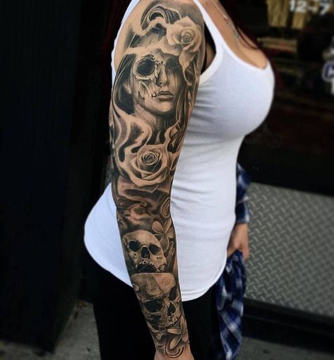 Pretty Skull Tattoos, Catrina Tattoo, Skull Sleeve Tattoos, Skull Sleeve, Tattoos For Women Half Sleeve, Theme Tattoo, Geniale Tattoos, Full Sleeve Tattoos, Arm Sleeve Tattoos