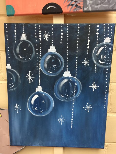 Christmas Acrylic Art Canvas Ideas, Simple Xmas Paintings, Simple Christmas Scenes Drawing, Black Canvas Paintings Christmas, Winter Wonderland Drawing Ideas, January Painting Ideas Canvases, Painting Of Christmas Ornaments, Christmas Painting Gift Ideas, Snowflake Painting For Kids