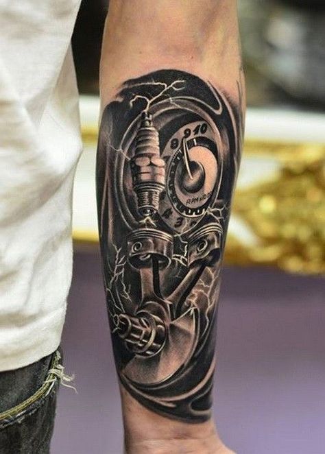 Biomechanical Tattoos for Men - Ideas and Inspiration for Guys Mechanical Arm Tattoo, Plug Tattoo, Piston Tattoo, Biomech Tattoo, Biomechanical Tattoos, Engine Tattoo, Harley Tattoos, Rip Tattoo, Mechanic Tattoo