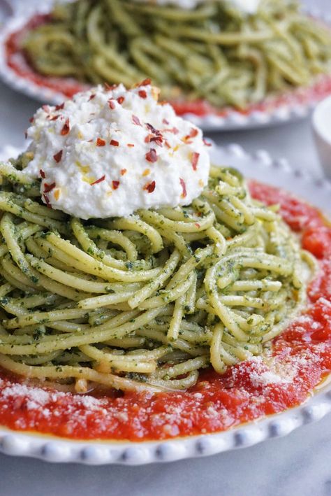 Basil Pesto Spaghetti with Marinara & Ricotta Pesto With Ricotta, Pesto And Marinara Pasta, Pesto Marinara Pasta, Basil Pesto Spaghetti, Can Crushed Tomatoes, Pesto Spaghetti, Entertaining Dishes, Family Oriented, Garlic Clove