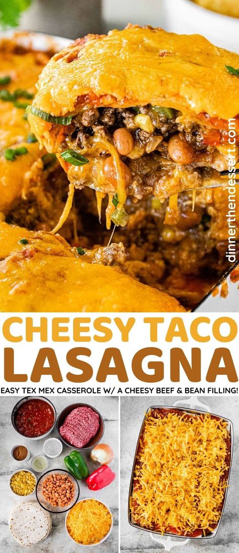 Cheesy Taco Lasagna has all your favorite taco ingredients like beef, beans, salsa, cheese, and peppers baked in layers of flour tortillas!