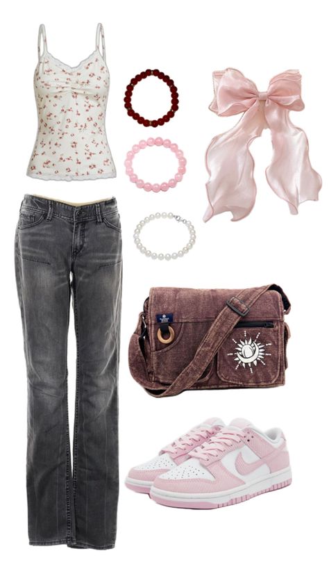 pink aesthetic coquette grunge bow nike dunks messenger bag bracelets aesthetic cottagecore fairy core vintage Messenger Bag Outfit, Pink Coquette Outfit, Coquette Outfit Aesthetic, Pink Aesthetic Coquette, Bracelets Aesthetic, Coquette Outfit, Coquette Grunge, Aesthetic Cottagecore, Cottagecore Fairy