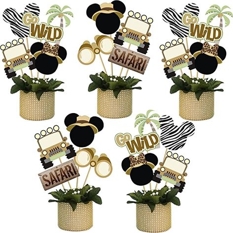 Jungle Animal Birthday Party, Safari Centerpieces, Kids Party Centerpieces, Mickey Mouse Birthday Theme, Mickey Baby Showers, Mickey First Birthday, Baby First Birthday Themes, Jungle Animals Party, Jungle Thema