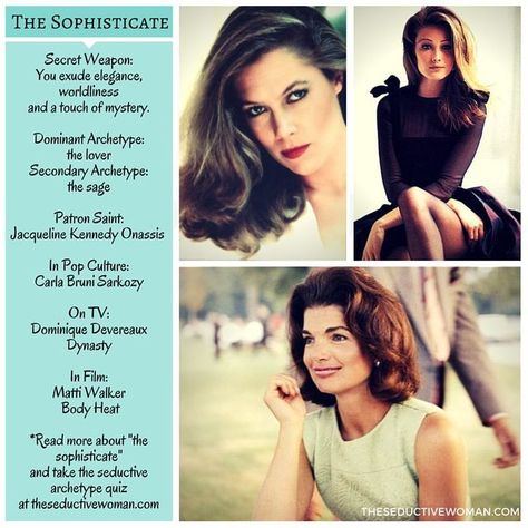 Women Love Power® on Instagram: "The "Sophisticate's" complex blend of the Siren's warm, erotic energy and the Sage's cool objectivity, fascinates men...sound like you?! Read the full description and take the psychology-backed Seduction Archetype quiz on the site ❤️ #artofseduction #theseductivewoman #jackiekennedy #bodyheat #camelot #mattywalker #ladylike #elegant #carlabruni #sophisticate #sophistication #feminine #feminineenergy" 13 Feminine Seduction Archetypes, Women Love Power, Sage Archetype, The Sophisticate, Love Power, Brand Archetypes, Divine Feminine Spirituality, Dramatic Classic, Art Of Seduction