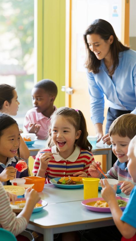 🍎🥪✨ Lunchtime joy! Our diverse little learners are enjoying delicious meals and forming lasting friendships in our nurturing classroom. With our caring teacher overlooking with a smile, every bite is filled with warmth and camaraderie. Here's to fostering a safe and happy environment where every child thrives! 🌟

#SchoolLunch #DiverseKids #ClassroomCommunity #CaringTeacher #ChildhoodJoy #NurturingEnvironment #BubblyTots #EducationalFun #LunchtimeSmiles #EarlyChildhoodEducation #TeacherLove People Eating Restaurant, People Eating At A Restaurant, Kids Eating Healthy Food Cartoon, Media Pembelajaran, Happy Environment, Child Poverty, Child Nutrition, Hungry Children, Kids Interior Design