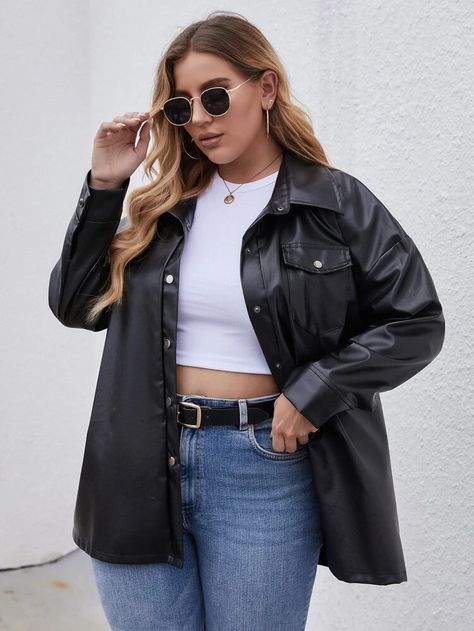 Plus Button Up PU Leather Coat | SHEIN USA Leather Cardigan Outfit, Leather Button Up Outfit, Black Leather Button Up Shirt Outfit, Leather Button Up Shirt Outfit, Cheap Chic Button-up Leather Jacket, Leather Blouse Outfit, Faux Leather Button Down Shirt, Leather Shirt Outfit, Faux Leather Button-up Jacket