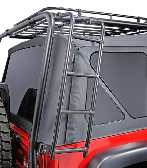 This new Ladder is a great way to help load all your gear in the TJ Adventure Rack. Easily bolts on to Adventure Rack with no drilling required. Made form steel tubing to match the Adventure Rack. It will only work on the Passenger Side Rear. French Surnames, Jeep Roof Rack, Jeep Camper, Two Door Jeep Wrangler, Jeep Wj, Camper Trailer For Sale, Overland Gear, Tj Wrangler, Custom Jeep Wrangler