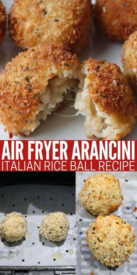 cooked arancini on plate, next to image of uncooked arancini in air fryer basket Air Fryer Arancini, Arancini Recipe Italian, Rice Ball Recipe, Italian Rice Balls Recipe, Italian Rice Balls, Arancini Recipe, Italian Appetizer, Italian Rice, Rice Ball