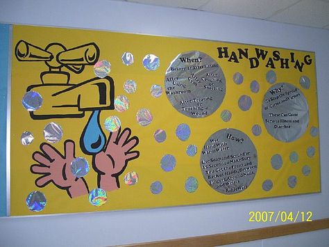 Handwashing bulletin board idea Handwashing Bulletin Board, Nurse Bulletin Board Ideas, School Nurse Bulletin Board Ideas, Dr Seuss Bulletin Board, Nurse Bulletin Board, School Nurse Office Decorations, Health Bulletin Boards, High School Bulletin Boards, Bulletin Boards Theme