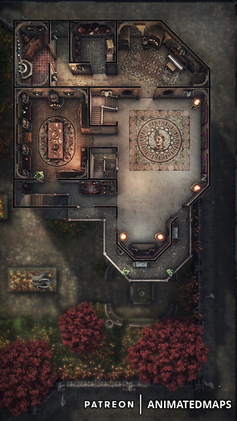 #animatedmaps #animateddungeonmaps #dnd #fantasy #dungeonsanddragons #animated #battlemap #map #ballroom #manor #villa #dining #day #house #interior #rich #garden #mansion #noble #home Dnd Mansion Battle Map, Dnd Manor Map, Dnd Mansion Map, Mansion Battlemap, Dnd House Map, House 2 Floor, Dnd Buildings, Garden Mansion, Animated Battlemap