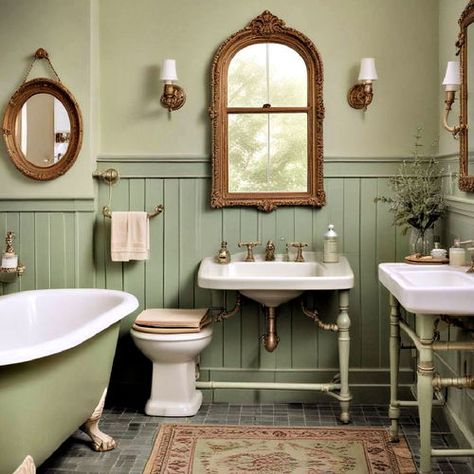 Cozy Vintage Bathroom, Sage Green Bathroom Paint, Sage Green And Gold Bathroom, Green Vintage Bathroom, Pale Green Bathroom, Green Guest Bathroom, Green Bathroom Walls, Bathroom Sage Green, Retro Green Bathroom