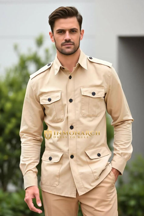 Classic Beige Men Safari Jacket, Perfect for Explorers - InMonarch Military Style Khaki Utility Jacket With Button Cuffs, Safari Jacket Outfit Man, Safari Jacket Outfit, Military Style Khaki Utility Jacket For Hunting, Khaki Military Outerwear With Buttons, Khaki Military Outerwear With Welt Pockets, Safari Outfit, Adventure Accessories, Denim Repair