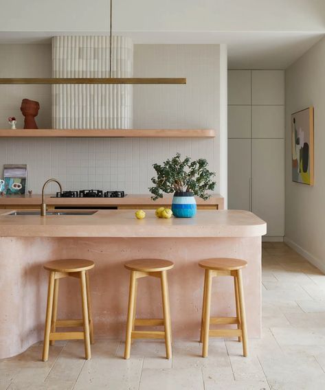 An Ashgrovian Queenslander With A Mediterranean Feel Concrete Island, Travertine Floor Tile, Custom Bench Seating, Calming Interiors, Kitchen Benchtops, Spring House, Ikea Kitchen Cabinets, Cabinetry Design, Organic Forms