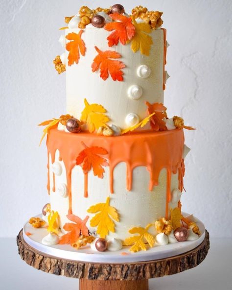 #TBT – What we love about Fall!@kakedbykatie#cakeart #fondantart #fall #foliage #fallinlnove #falllove #fallcake #dripcake Fall Inspired Cake Decoration, Fall In Love Cake Ideas, Fall Leaves Birthday Cake, Autumn Fondant Cake, Autumn Leaves Wedding Cake, Fall Leaf Cake, Fall Birthday Cakes, Fall Cake Recipes, Thanksgiving Cakes